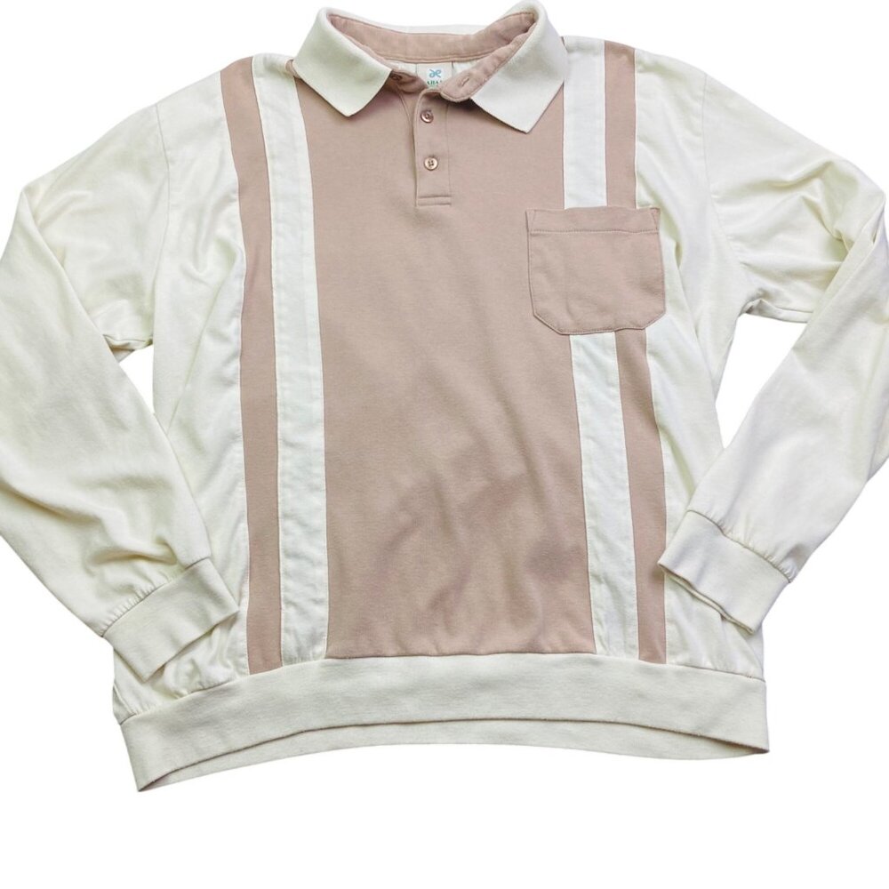 Vintage Haband Beige Cream Long Sleeve Polo Shirt XL Pocket Retro MCM Nerdy 70s